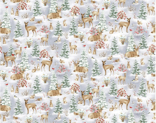 Bundle-Up Multi Forest Animal Scenic on White Henry Glass 100% Cotton Christmas Price Per Yard