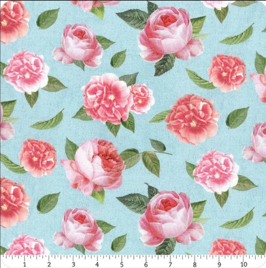 Timeless Treasures Beautiful Roses on Light Blue 100% Cotton Per Yard Valentine