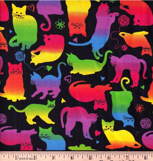 Fabric Traditions Novelty Neon Rainbow Cats Kitty Black 100% Cotton Price per Yard