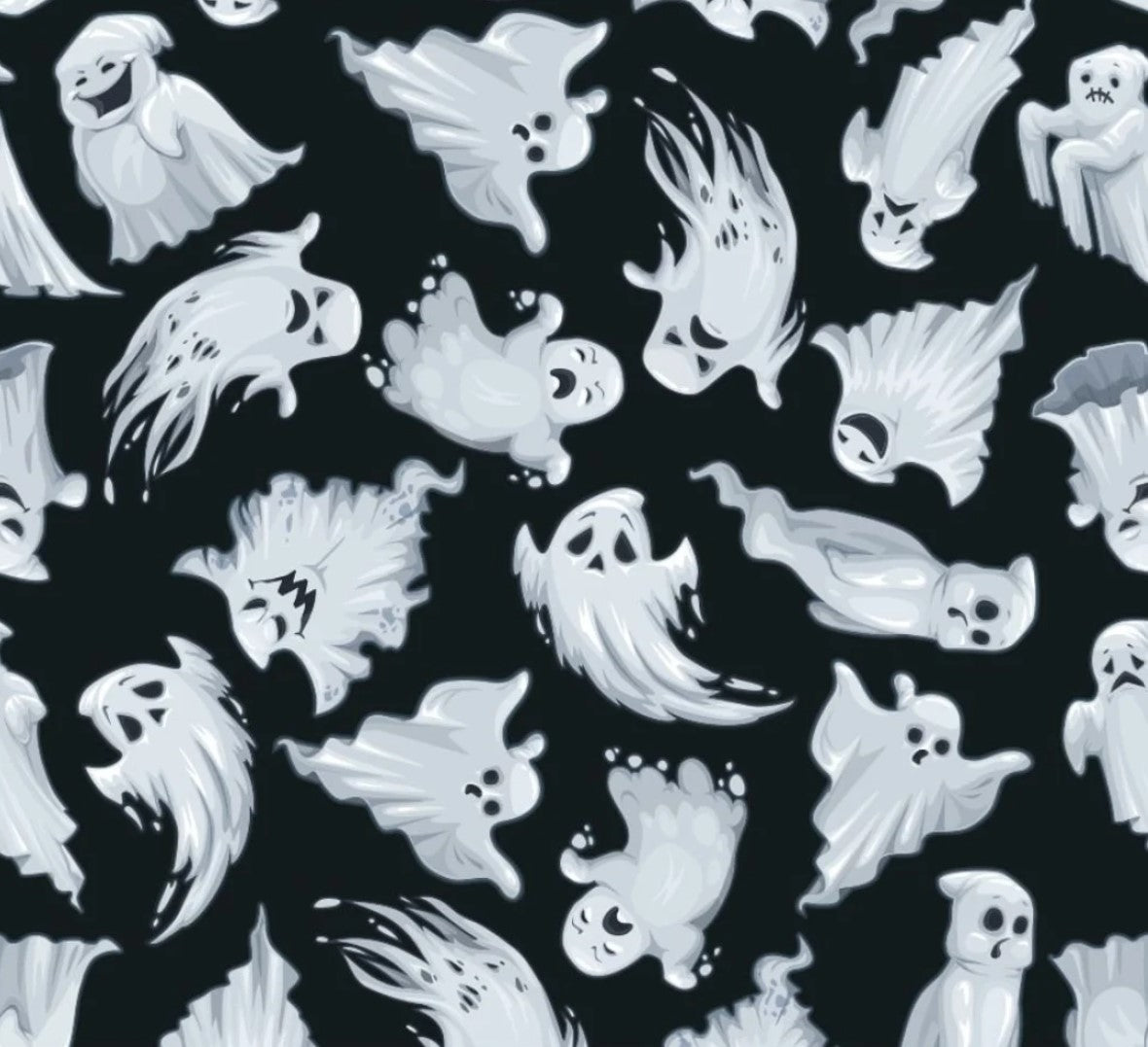 Halloween Spooky Flying Ghosts on Black 100% Cotton Fabric Price Per Yard