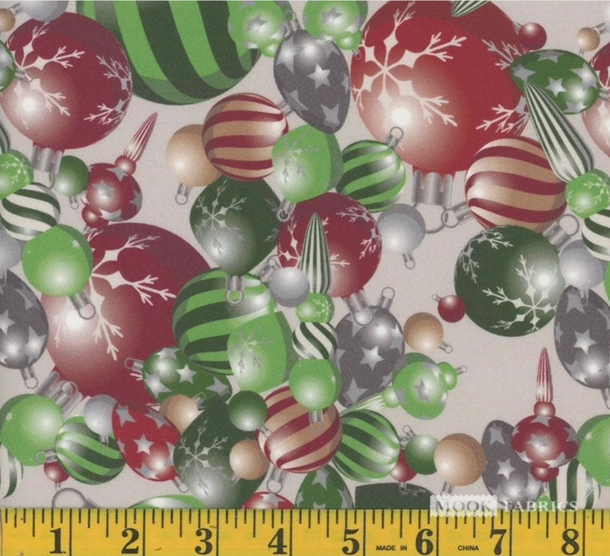 Mook Fabrics Christmas Ornaments Red Green 100% Cotton Fabric By the yard