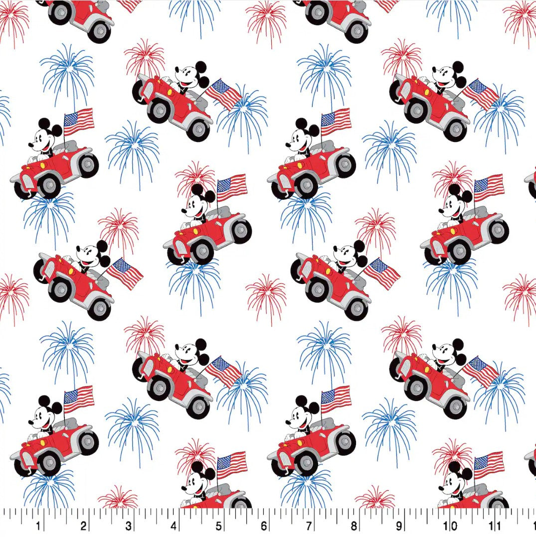 Springs Creative Patriotic Mickey Driving Car on White By the Yard