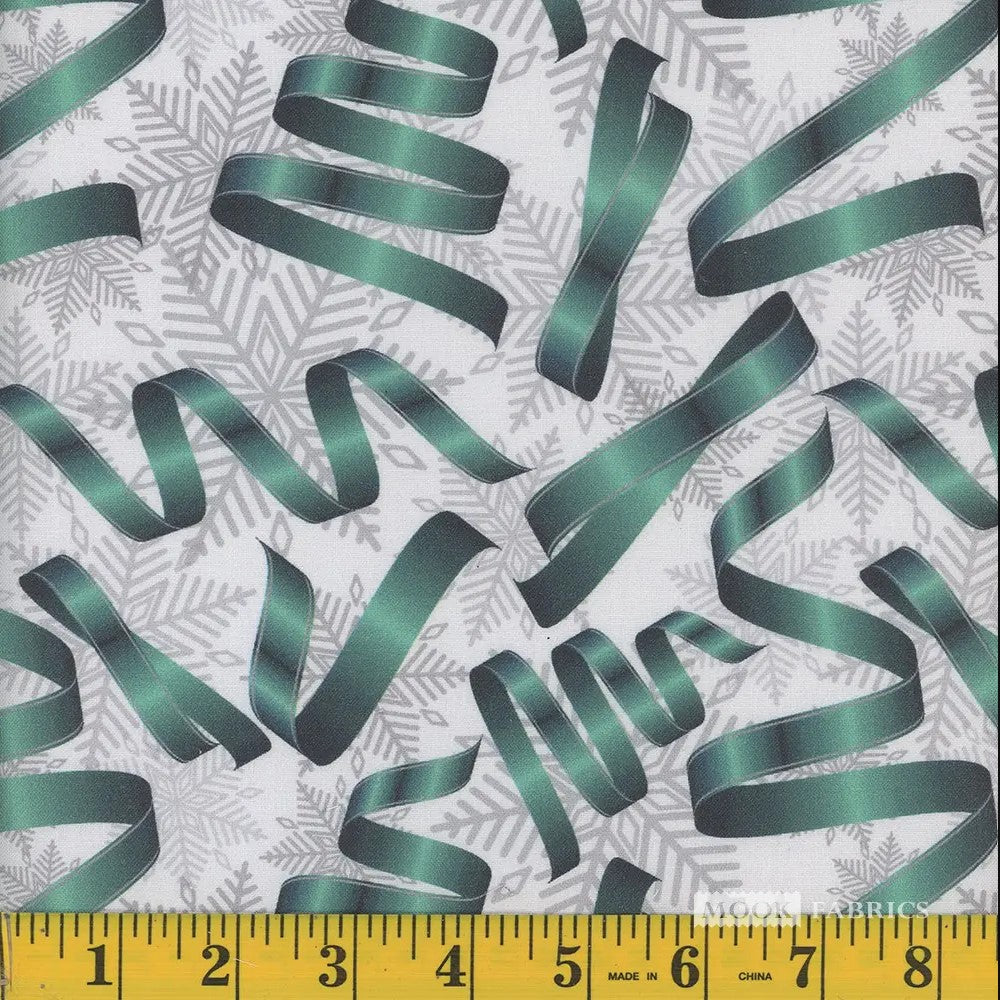 Mook Fabrics Christmas Teal Ribbons Silver Snowflakes 100% Cotton Fabric By the yard