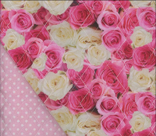 Mook Fabrics Double Faced Prequilted Pink White Roses Dots By the Yard