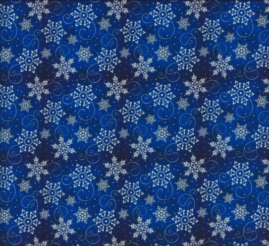 Mook Fabrics Christmas Snowflakes on Blended Blue 100% Cotton Fabric Price per yard