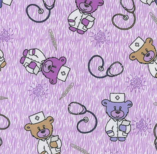 Mook Fabrics Flannel Doctor Teddy Purple Baby 100% Cotton Price per Yard