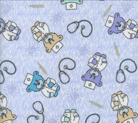 Mook Fabrics Flannel Doctor Teddy Blue Baby 100% Cotton Price per Yard