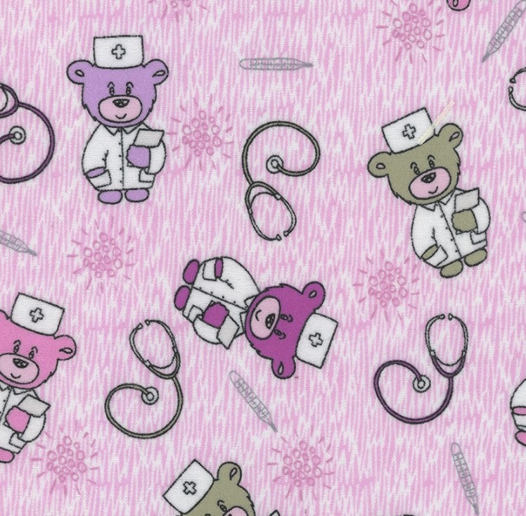 Mook Fabrics Flannel Doctor Teddy Pink Baby 100% Cotton Price per Yard