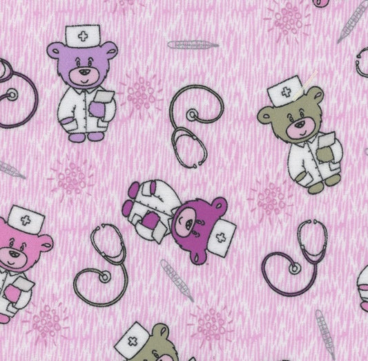 Mook Fabrics Flannel Doctor Teddy Pink Baby 100% Cotton Price per Yard