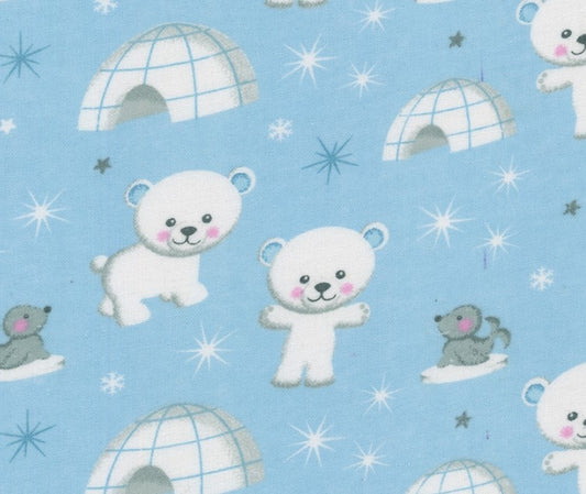 Mook Fabrics Flannel Igloo Bears Seals Blue Baby 100% Cotton Price per Yard