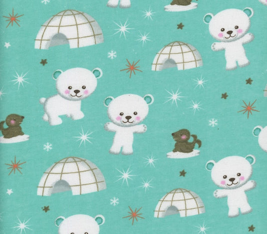 Mook Fabrics Flannel Igloo Bears Seals Mint Green Baby 100% Cotton Price per Yard