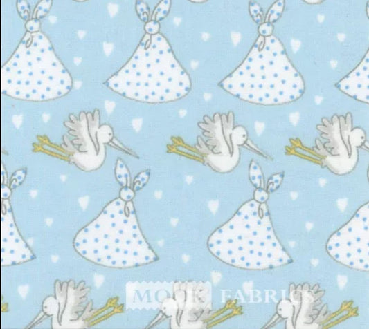 Mook Fabrics Flannel Storks Blue Baby 100% Cotton Price per Yard