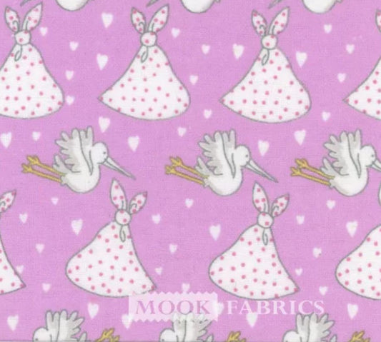 Mook Fabrics Flannel Storks Pink Baby 100% Cotton Price per Yard