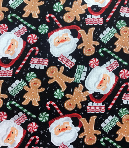 Christmas Santa and Gingerbread on Black 100% Cotton Price per Yard