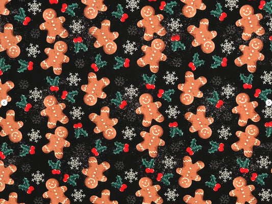Christmas Gingerbread Snowflakes on Black 100% Cotton Price per Yard