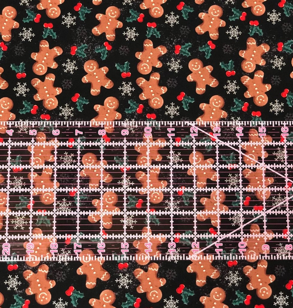 Christmas Gingerbread Snowflakes on Black 100% Cotton Price per Yard