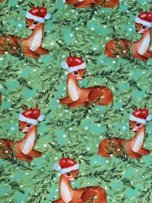 Christmas Santas Reindeer in Pines on Green 100% Cotton Price per Yard
