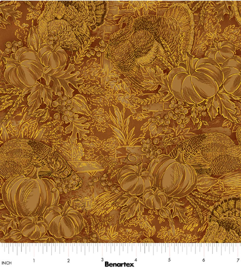 Benartex Thanksgiving Harvest Turkeys Toile Pumpkin