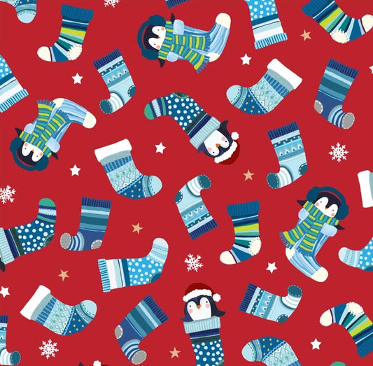 P&B Textiles Christmas Winter Waddles Stocking Toss on Red 100% Cotton Fabric Price per Yard