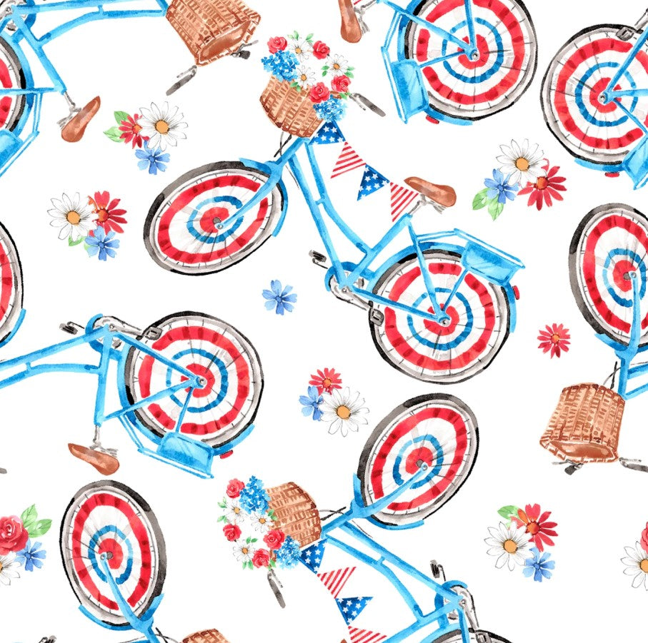 3 Wishes Fabric Patriotic Victory Pedal on White Bikes Price per Yard