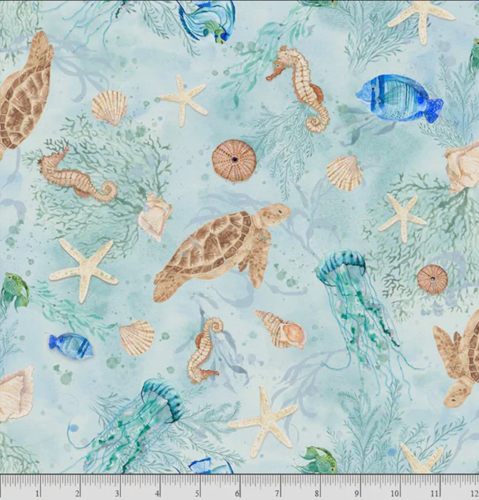 P & B Textiles Sea Whispers Sea Life Allover Novelty 100% Cotton By the Yard