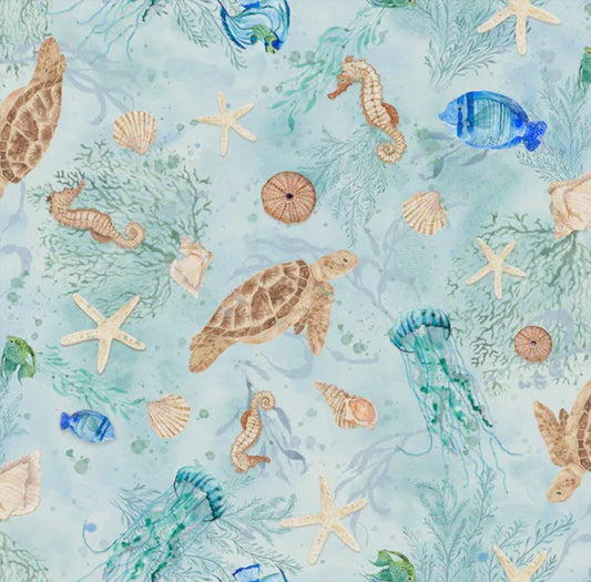 P & B Textiles Sea Whispers Sea Life Allover Novelty 100% Cotton By the Yard
