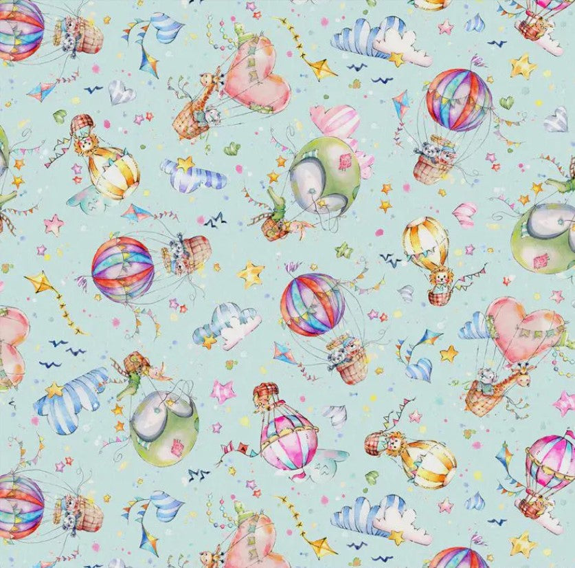 P & B Textiles Whiskerville Hot Air Balloon Toss Blue Baby 100% Cotton By the Yard