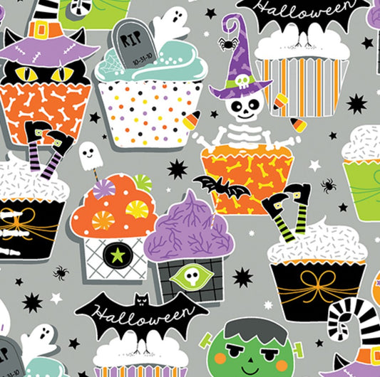 Benartex Halloween Glow in the Dark Treats on Gray 100% Cotton Price per Yard