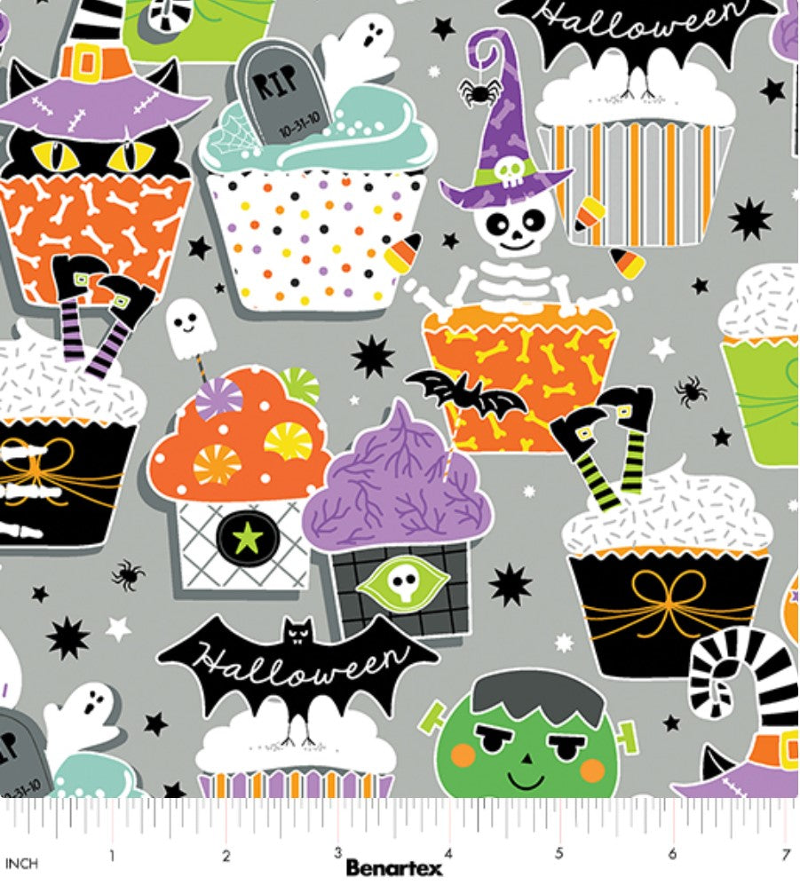 Benartex Halloween Glow in the Dark Treats on Gray 100% Cotton Price per Yard