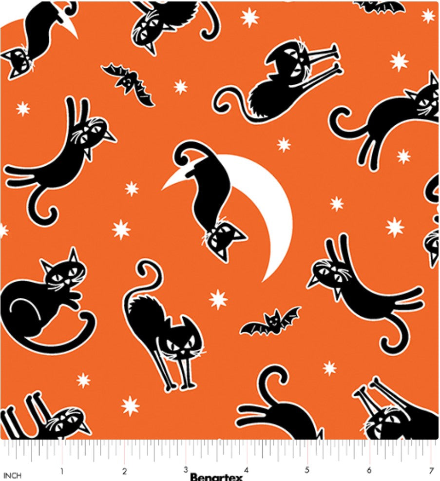 Benartex Halloween Glow in the Dark Cats on Orange 100% Cotton Price per Yard