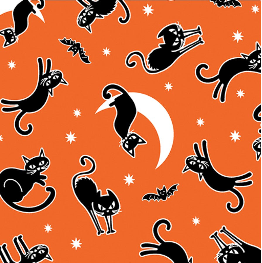 Benartex Halloween Glow in the Dark Cats on Orange 100% Cotton Price per Yard