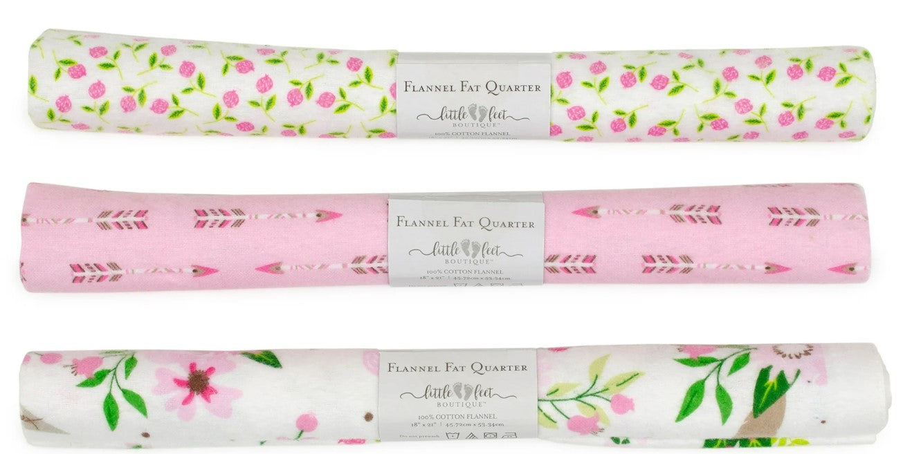 3 Flannel Fat Quarters Wild and Free Little Feet Boutique Pink White 18" x 21" Baby