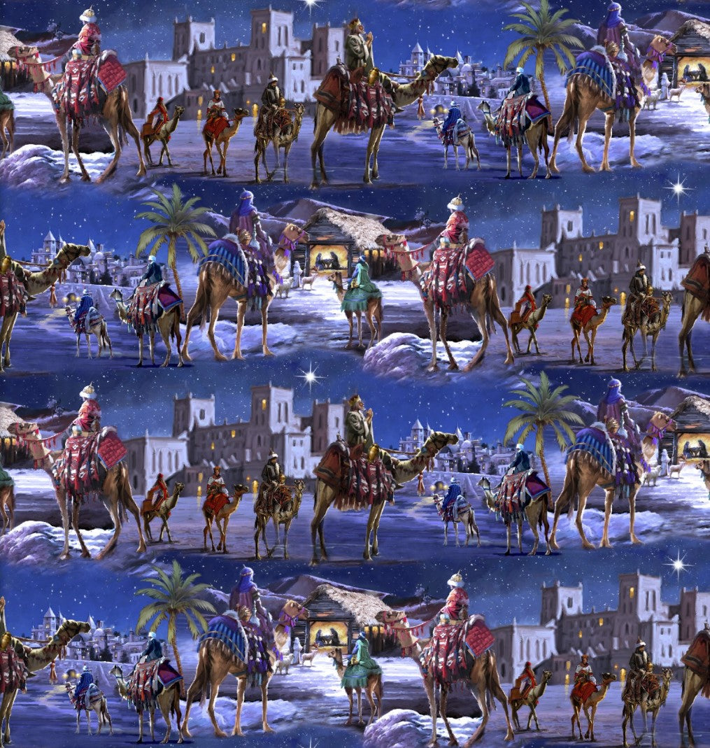 3 Wishes Fabric Christmas Let us Adore Him Nativity Stripe 100% Cotton Price per Yard