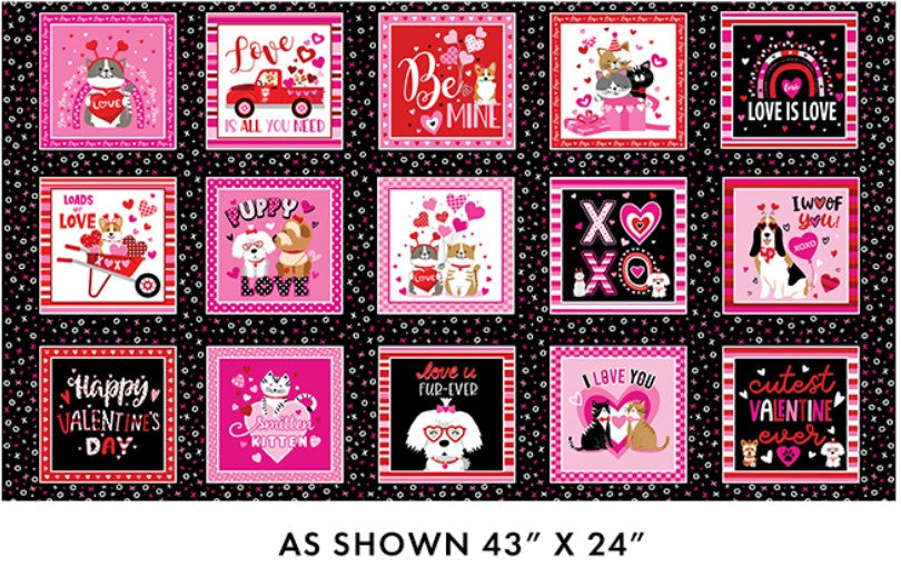 Benartex Valentine Love You Boxes Black Dogs Cats 100% Cotton Price per Panel