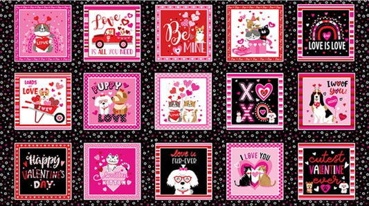 Benartex Valentine Love You Boxes Black Dogs Cats 100% Cotton Price per Panel