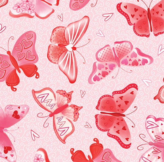 Pattern of pink butterflies and hearts on a pink background
