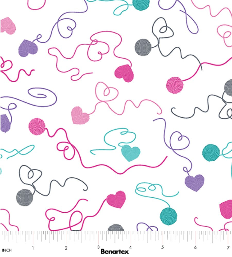 Benartex Valentine Swirling Yarn Hearts White 100% Cotton Price per Yard
