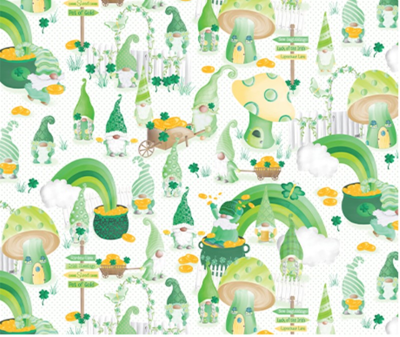 Pattern of green gnomes, mushrooms, and pots of gold on a white background