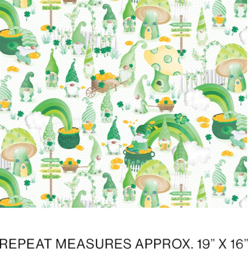 Benartex St Patricks Lucky Gnome Scenic White Green 100% Cotton Price per Yard