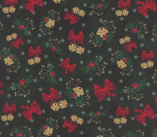 Christmas Deck The Halls Jingle Bells on Green Forest 100% Cotton Price per yard