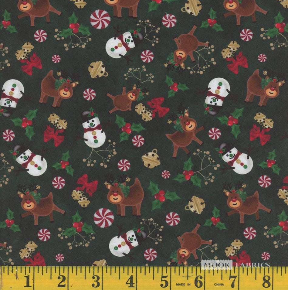 Christmas Snowmen Reindeer Bells Candy on Green 100% Cotton Price per yard