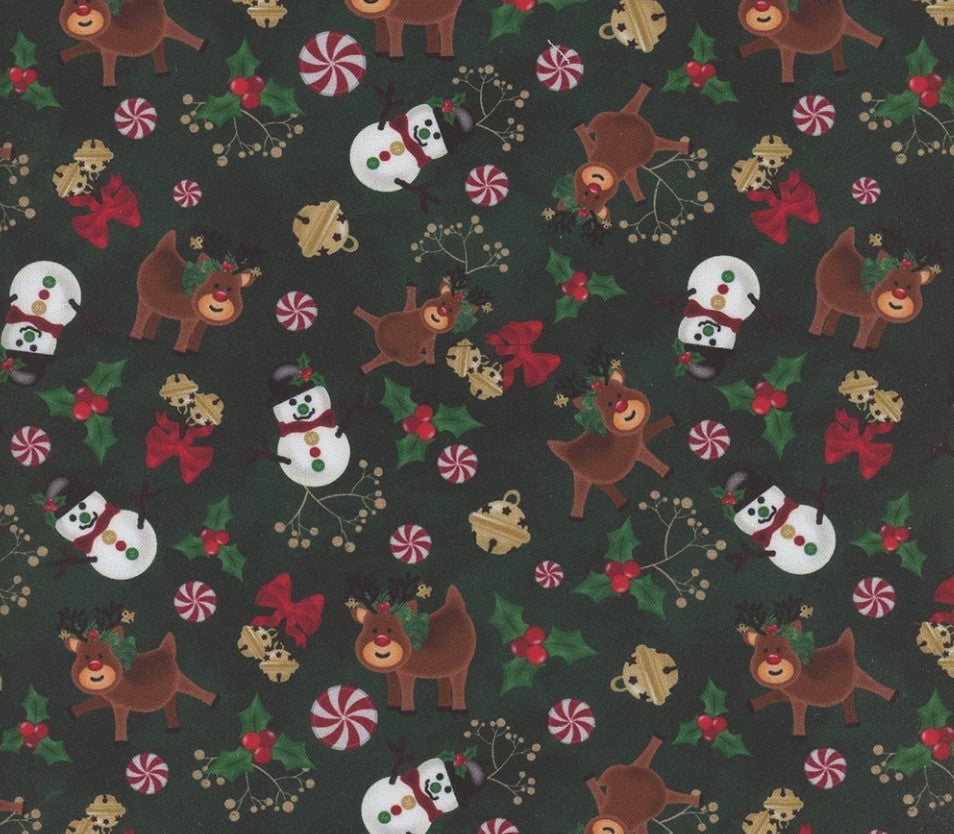 Christmas-themed fabric pattern with reindeer, snowmen, and candy on a dark green background.