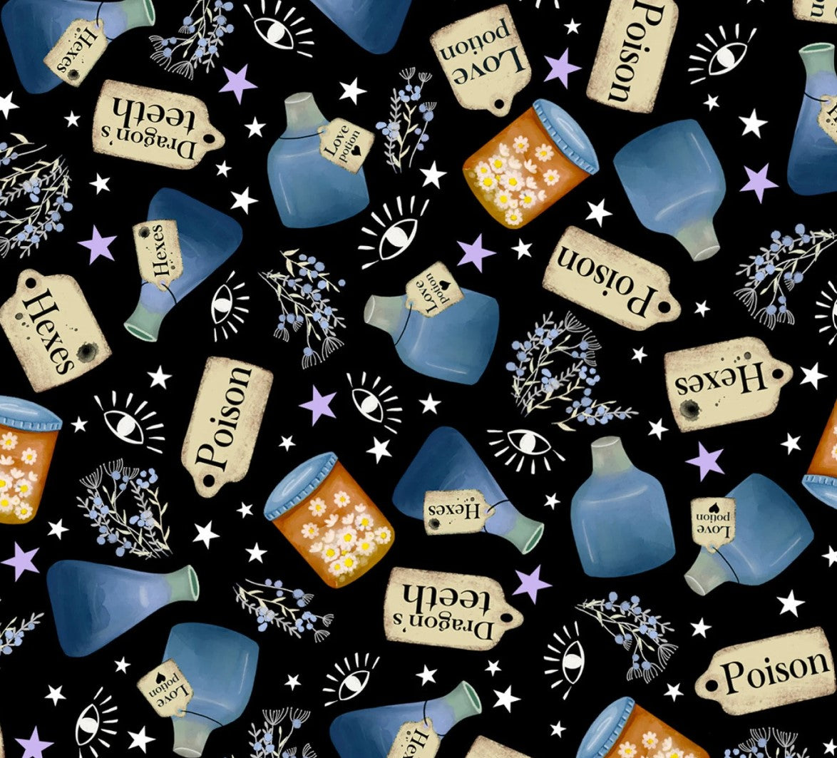 Halloween Practical Magic Potion Toss on Black Midnight 100% Cotton Fabric