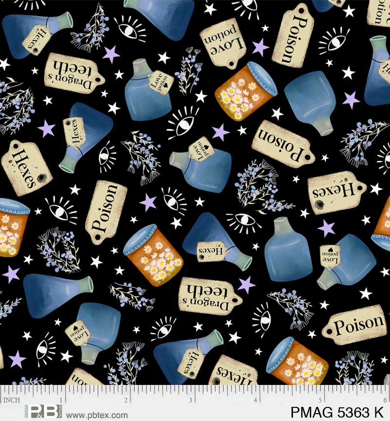 Halloween Practical Magic Potion Toss on Black Midnight 100% Cotton Fabric