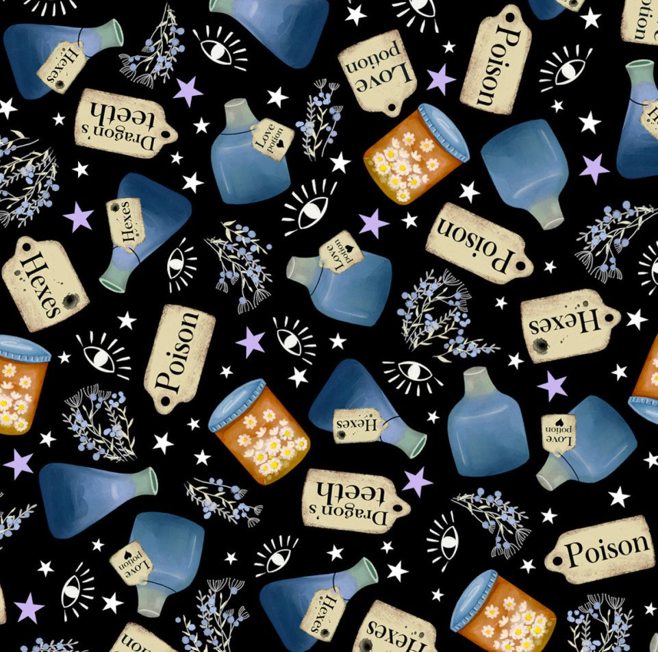 Halloween Practical Magic Potion Toss on Black Midnight 100% Cotton Fabric