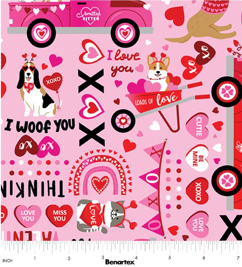 Benartex Valentine Words Dogs Pink 100% Cotton Price per Yard