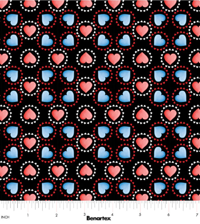 Benartex Patriotic Circle Hearts Red Blue Black 100% Cotton Price per Yard Valentine