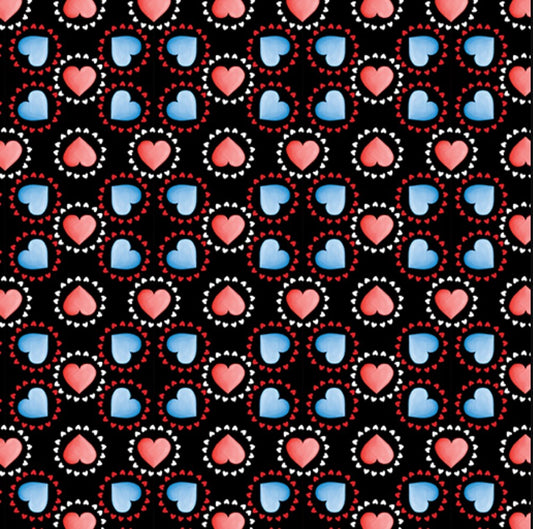 Benartex Patriotic Circle Hearts Red Blue Black 100% Cotton Price per Yard Valentine