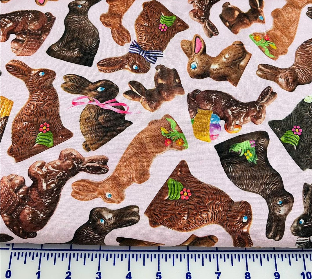Timeless Treasures Easter Chocolate Bunnies Pink 100% Cotton