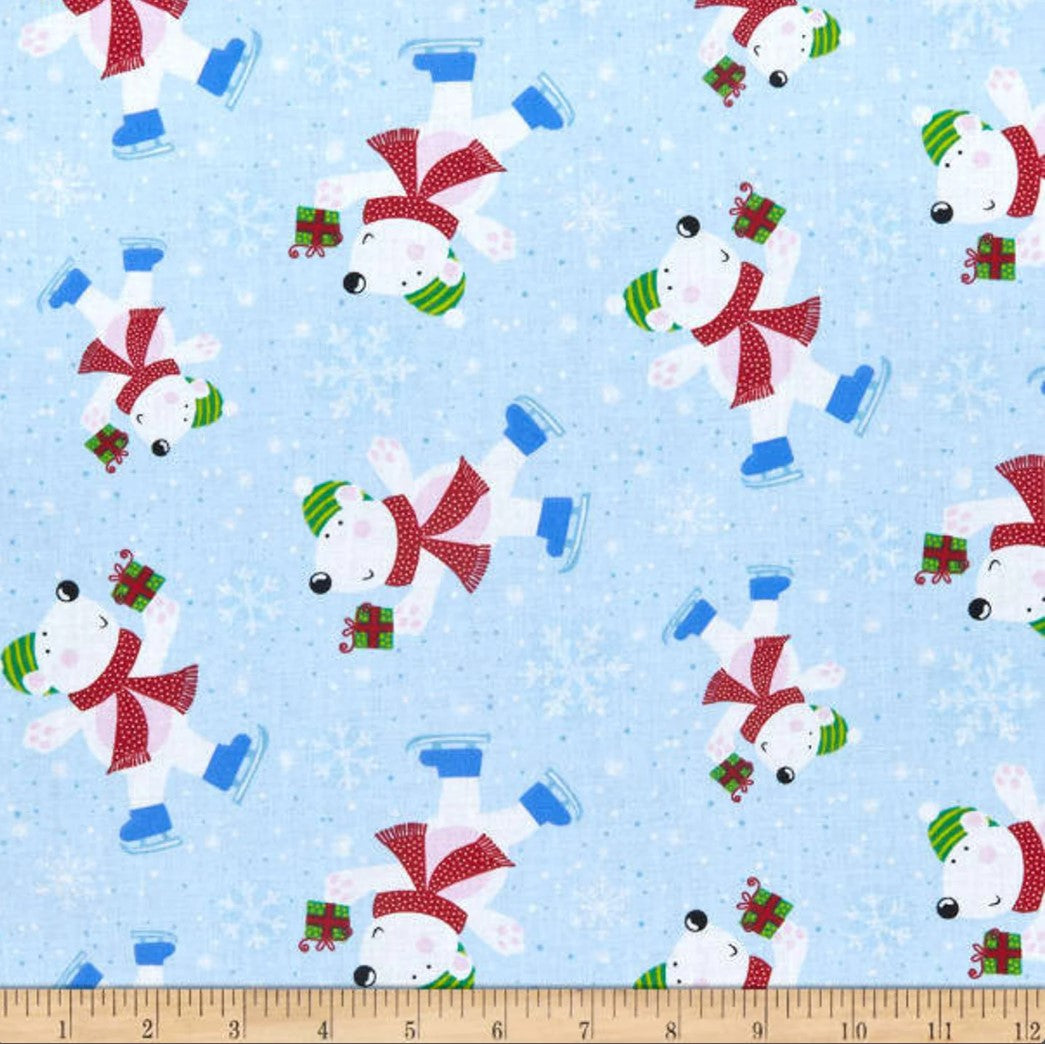 Foust Textiles Tis the Season Skating Polar Bears on Blue 100% Cotton Price per Yard